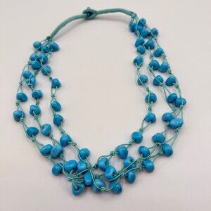 Turquoise Blue Glass Beaded Three Strand Layer Necklace